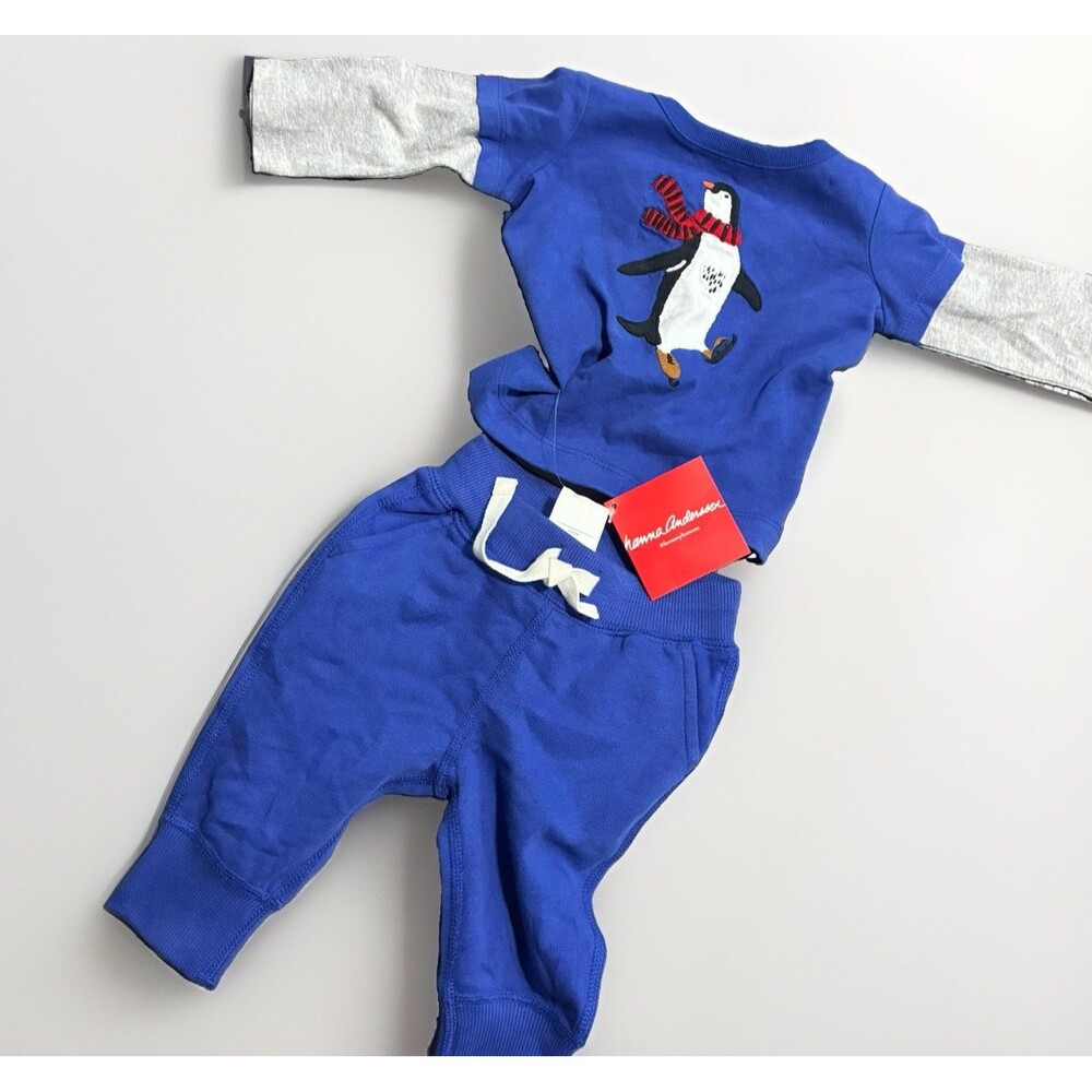 NWT Hanna Andersson Baby Blue Penguin 2 Piece Set Sz 60 3-6M Cotton Outfit￼